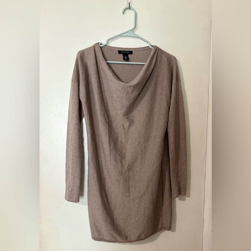 White House Black Market Taupe & Gold Metallic Cowl Neck Dress. Size small